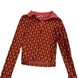 Zara Red and Cream Patterned V-Neck Sweater